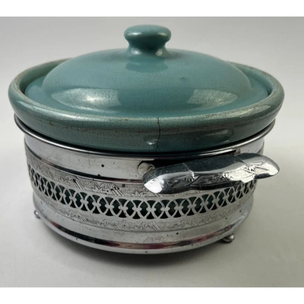 Vintage Faberware Turquoise Ceramic Covered Casserole Dish W/Metal Holder Below: